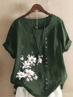 Women's Retro Cotton And Linen Print Loose Casual Shirt Short Sleeve - Army Green - View 1
