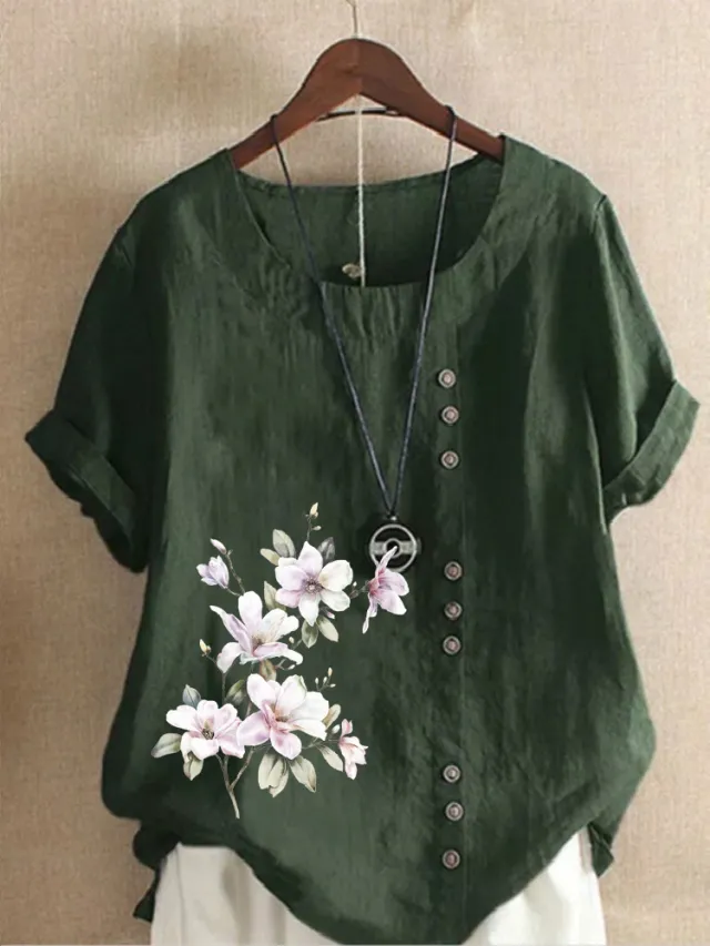 Women's Retro Cotton And Linen Print Loose Casual Shirt Short Sleeve Army Green - Shop at LoveMi