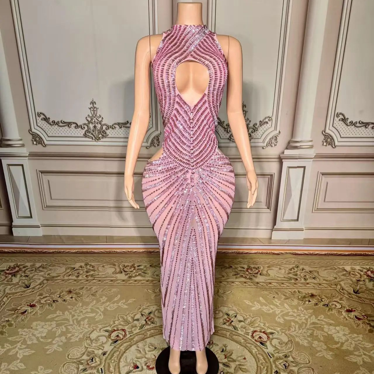 Womens Sexy Mesh Hollow-Out Nightclub Stage Dress Performance Outfit Evening Gown