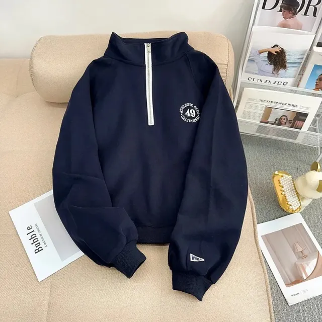 Embroidered Half Zipped Stand Collar Sweater Navy - Shop at LoveMi