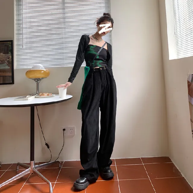 Corduroy Wide leg Pants Women's Autumn And Winter Black Regular - Shop at LoveMi