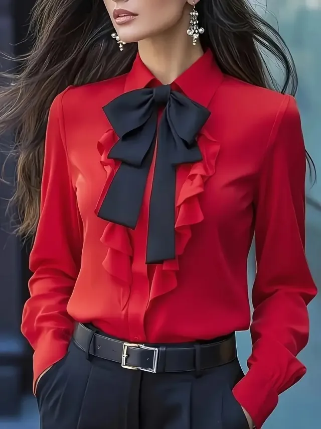 Pure Color Tied Bow Ruffled Design Shirt For Women Red - Shop at LoveMi