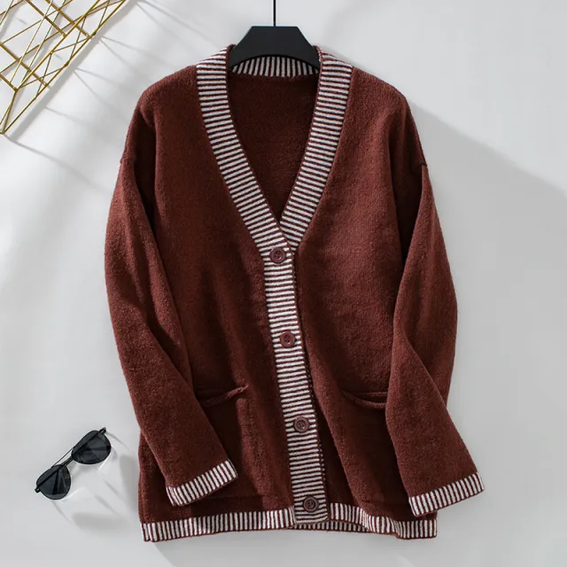 Women's Knitwear Striped Contrast Color V neck Single Breasted Brown - Shop at LoveMi