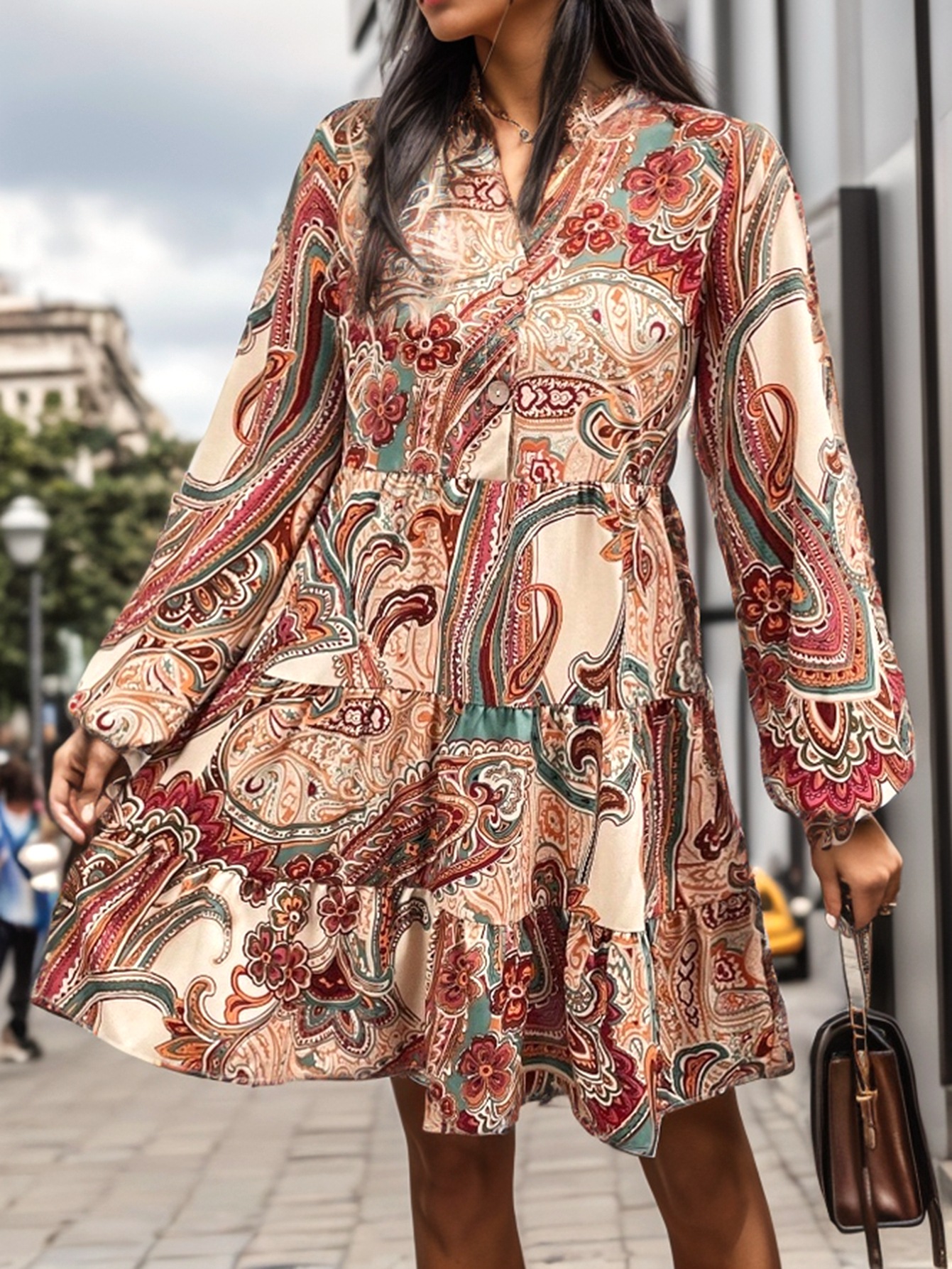 Cashew Print Long Sleeve Dress