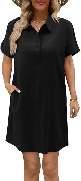 Casual Short Sleeve Buttoned Beach Dress Shirt With Pocket - Black