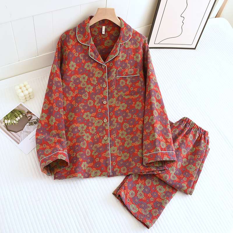 Women's Spring And Autumn Lapel Rose Double layer Cotton Yarn Long Sleeves Home Wear Suit Big Red Hibiscus Flower - Shop at LoveMi
