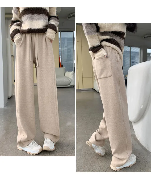 Fleece lined High Waist Matchet Pants Soft Glutinous Leisure Warm Straight Glutinous Rice Pants Oatmeal Color - Shop at LoveMi