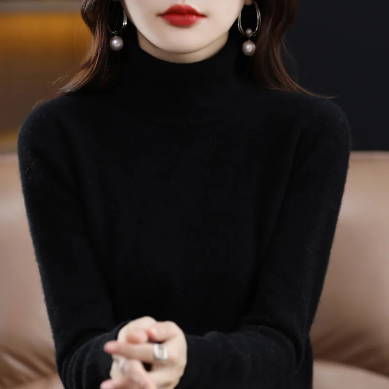 Lapel Sweater Women's Autumn And Winter Women's Solid Color Turtleneck Knitting Bottoming Shirt Sweater - Black