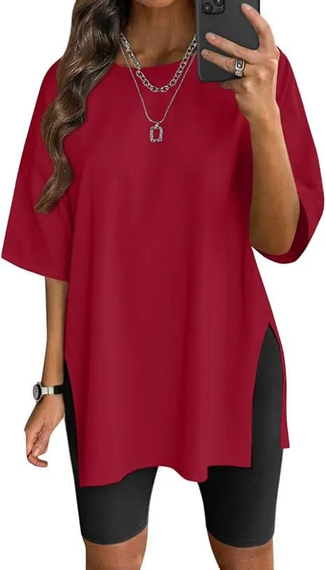 Women's Solid Color Split Short sleeved T shirt Round Neck Loose Top Red - Shop at LoveMi