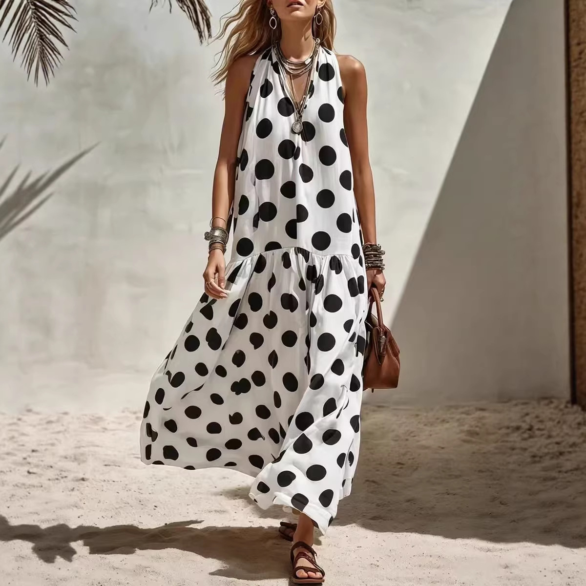 Women's digital print short sleeve maxi dress in White – loose fit knit dress styled for beach vacation