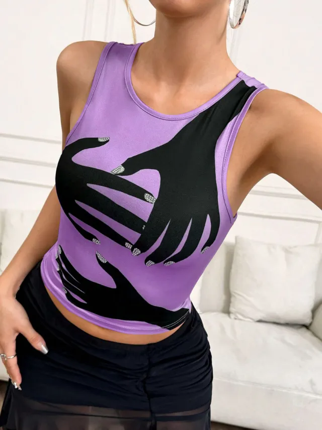 Y2K Printed Tank Vest INS Fashion Streetwear Round Neck Sleeveless Top Summer Women's Clothing Purple - Shop at LoveMi
