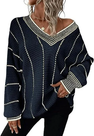 New Autumn And Winter Knitting Striped Pullover Loose Top Dark Blue - Shop at LoveMi