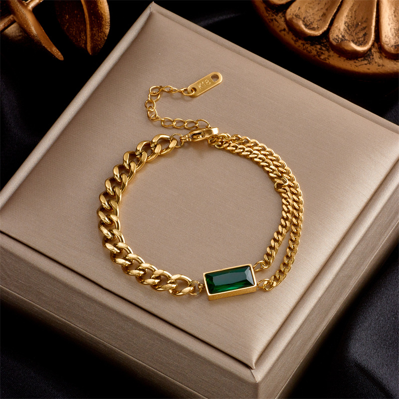 Fashionable Niche Retro Metal Square Green Diamond Versatile Bracelet