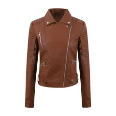 PU Women's Short Leather Oblique Pull Slim Motorcycle Clothing Washed Leather Jacket - Chocolate - View 1