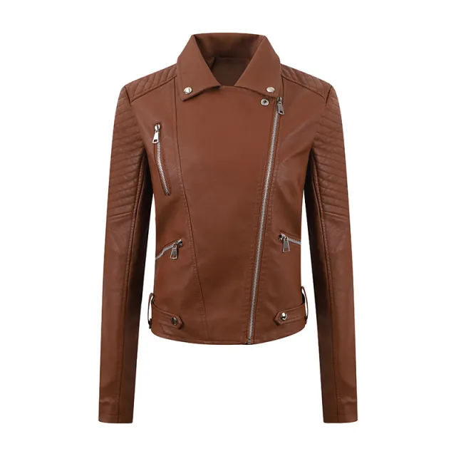 PU Women's Short Leather Oblique Pull Slim Motorcycle Clothing Washed Leather Jacket Chocolate - Shop at LoveMi