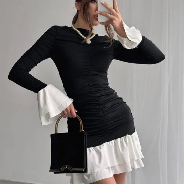 Women's Fashion Round Neck Long Sleeve Dress Black - Shop at LoveMi