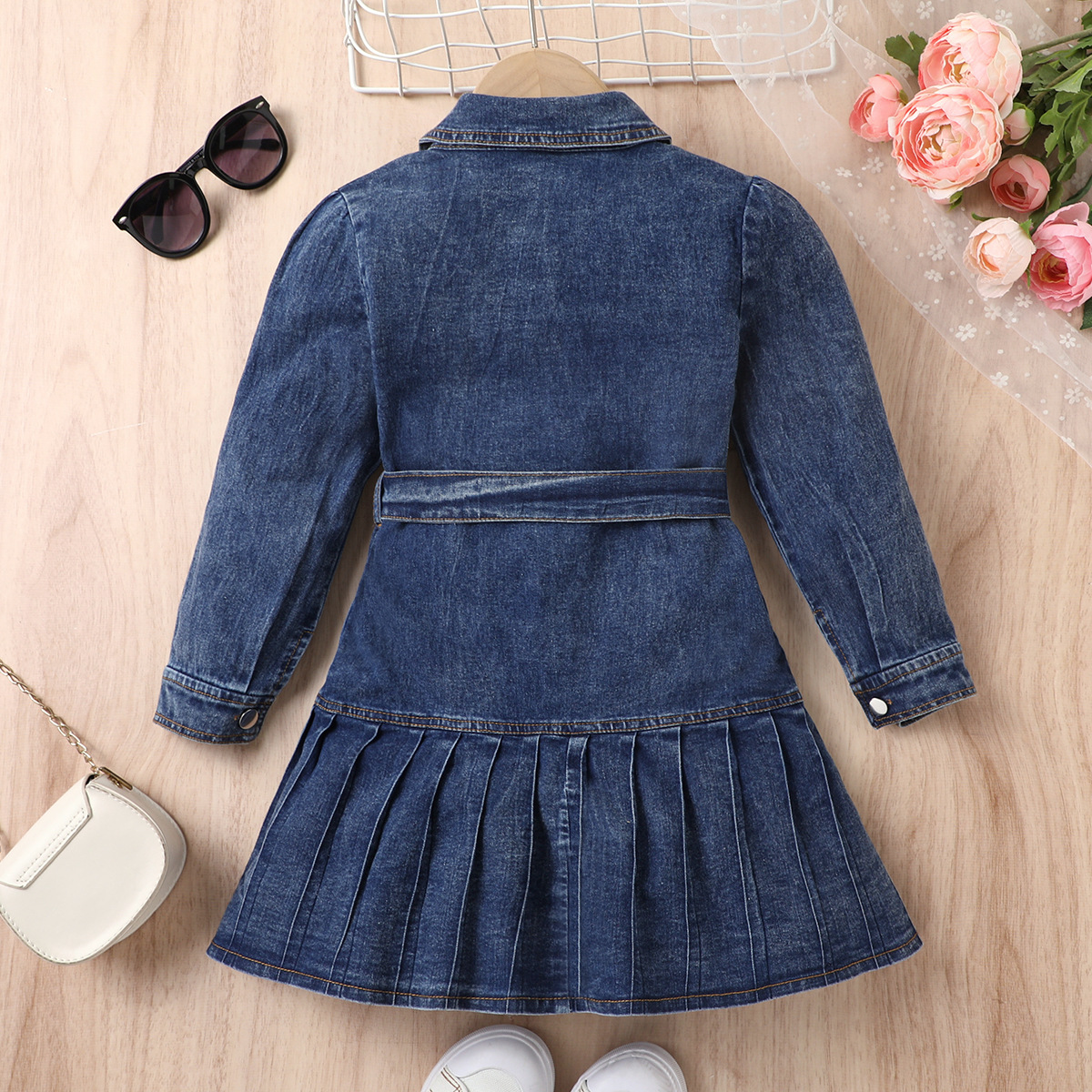Girls' Pleated Denim Long-sleeved Single-breasted Cardigan Dress With Bow Belt Two-piece Set - Image 1
