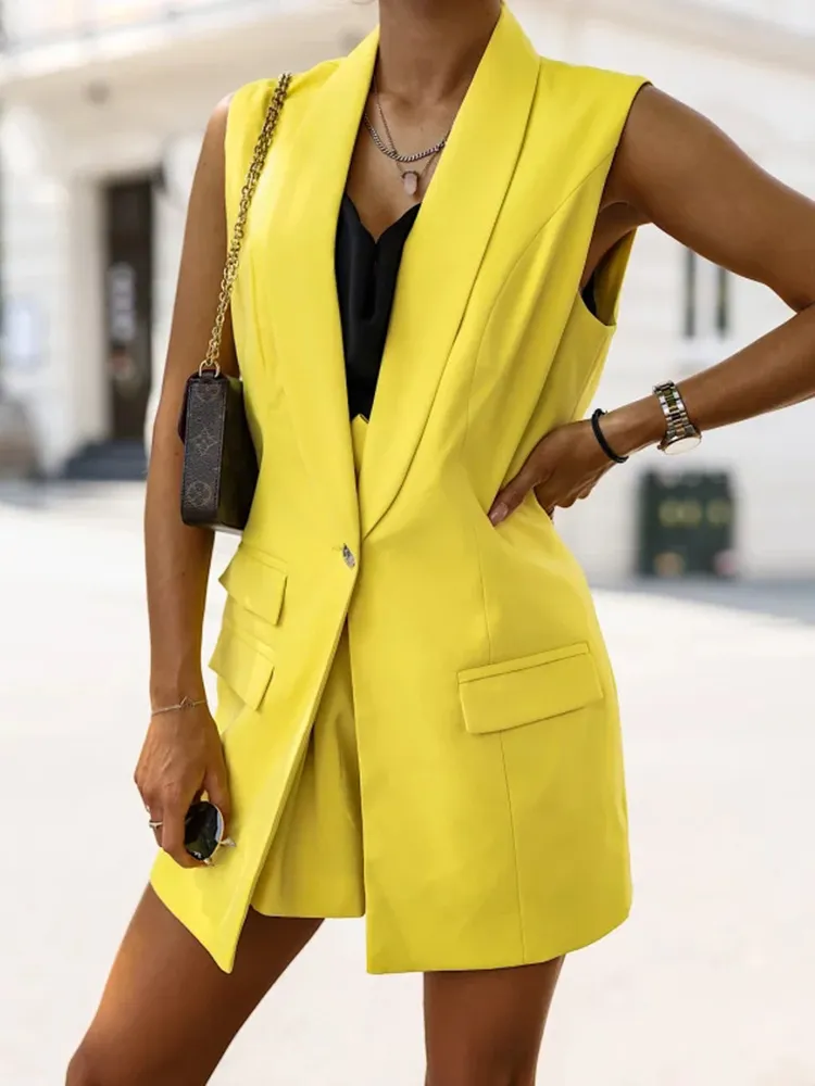 Spring And Autumn New Mid-length Ladies' Vest Suit Jacket - Yellow