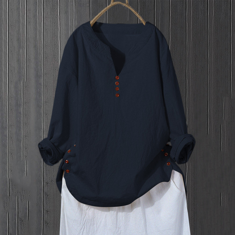 Cotton And Linen Plus Size Top V-neck Loose Shirt