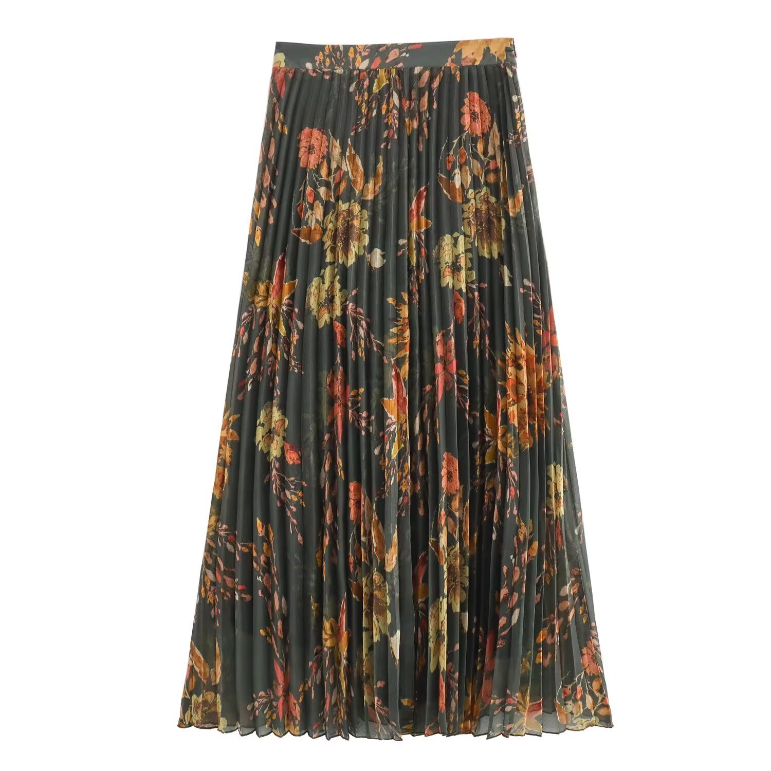 Fashionable Trendy Printed Pleated Midi Skirt