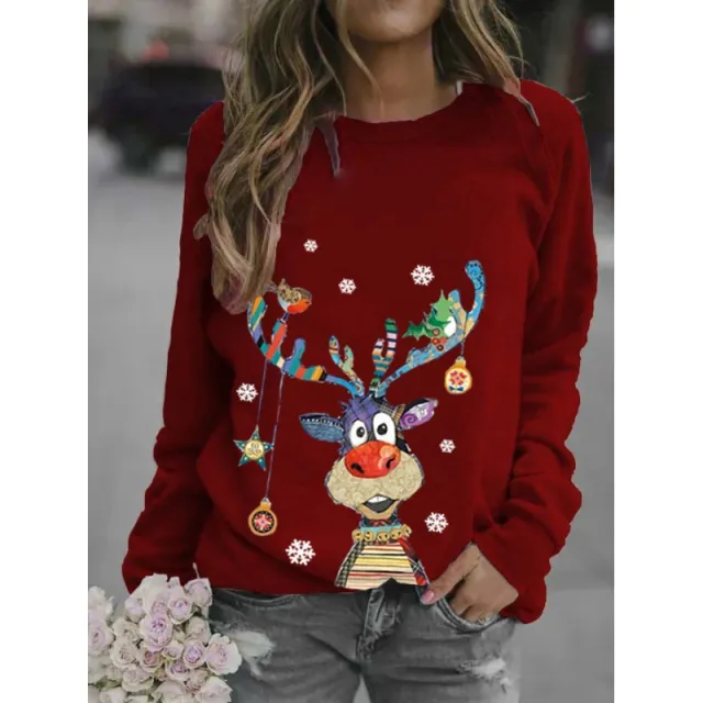 Christmas Pattern Printing Long Sleeve Crew Neck Sweater Wine - Shop at LoveMi