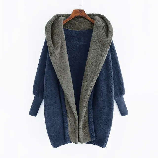 Foreign Trade Women's Clothing Color Double sided Velvet Hooded Loose Cardigan Coat Blue - Shop at LoveMi