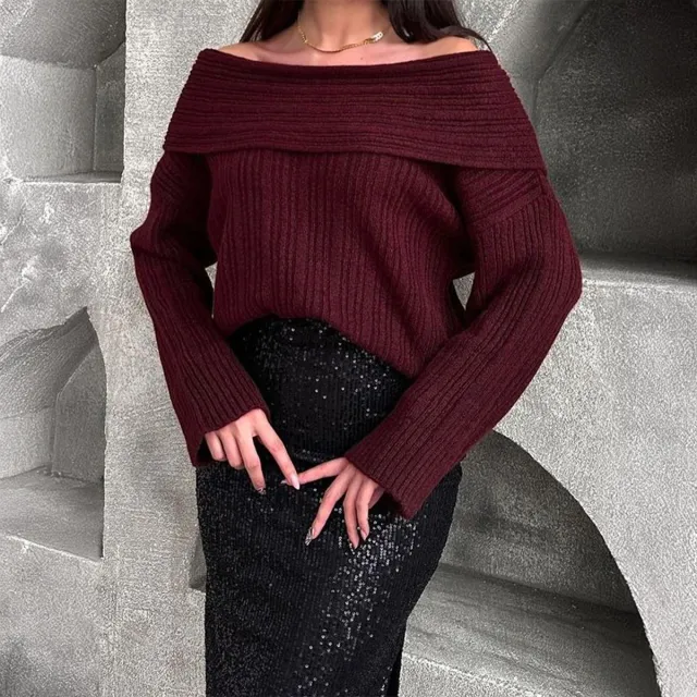 Loose Pullover Trumpet Sleeve Sweater Y2K Fashion One shoulder Knitted Tops Winter Womens Clothing Wine Red - Shop at LoveMi