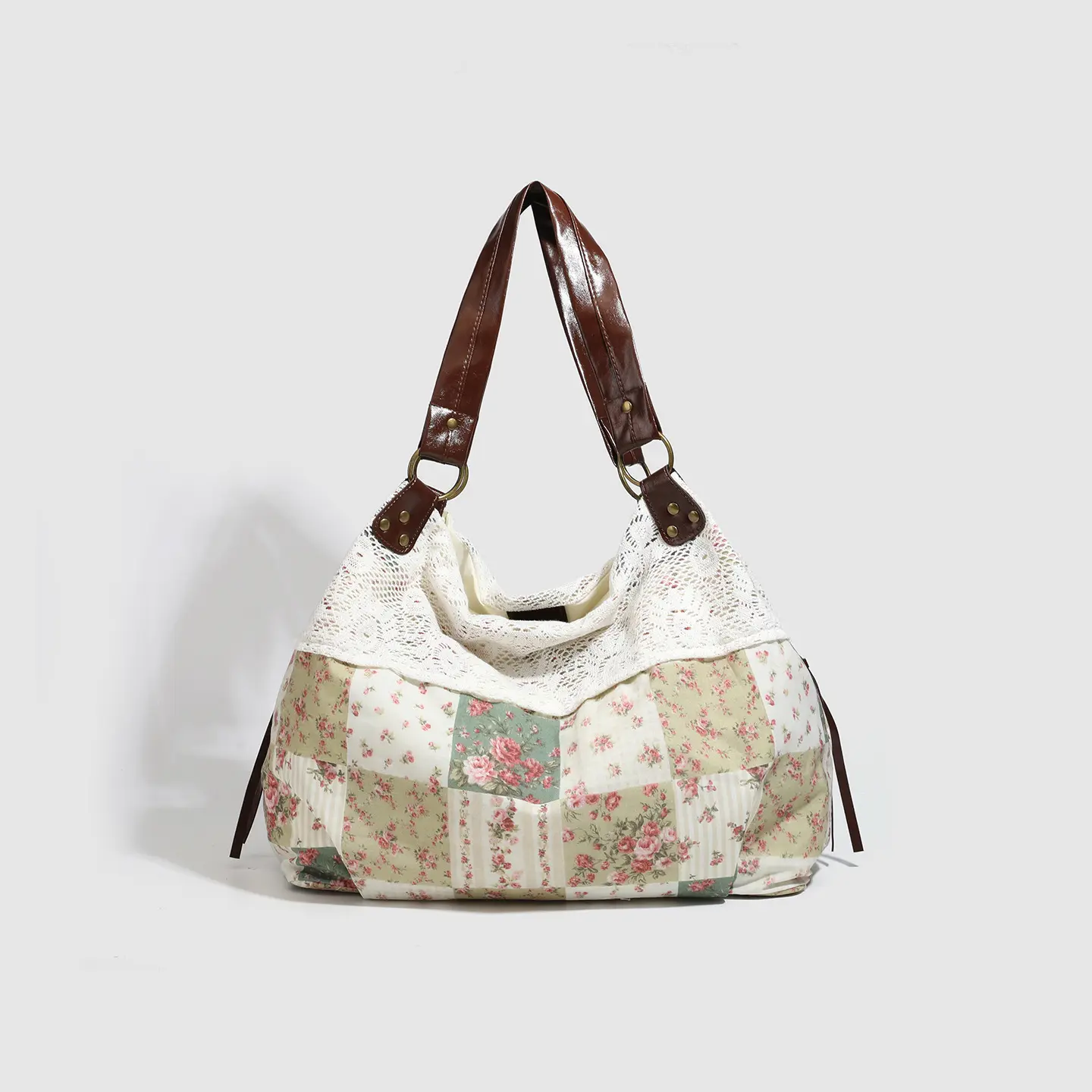 Womens Cotton Floral Patchwork Hollow-Out Shoulder Bag
