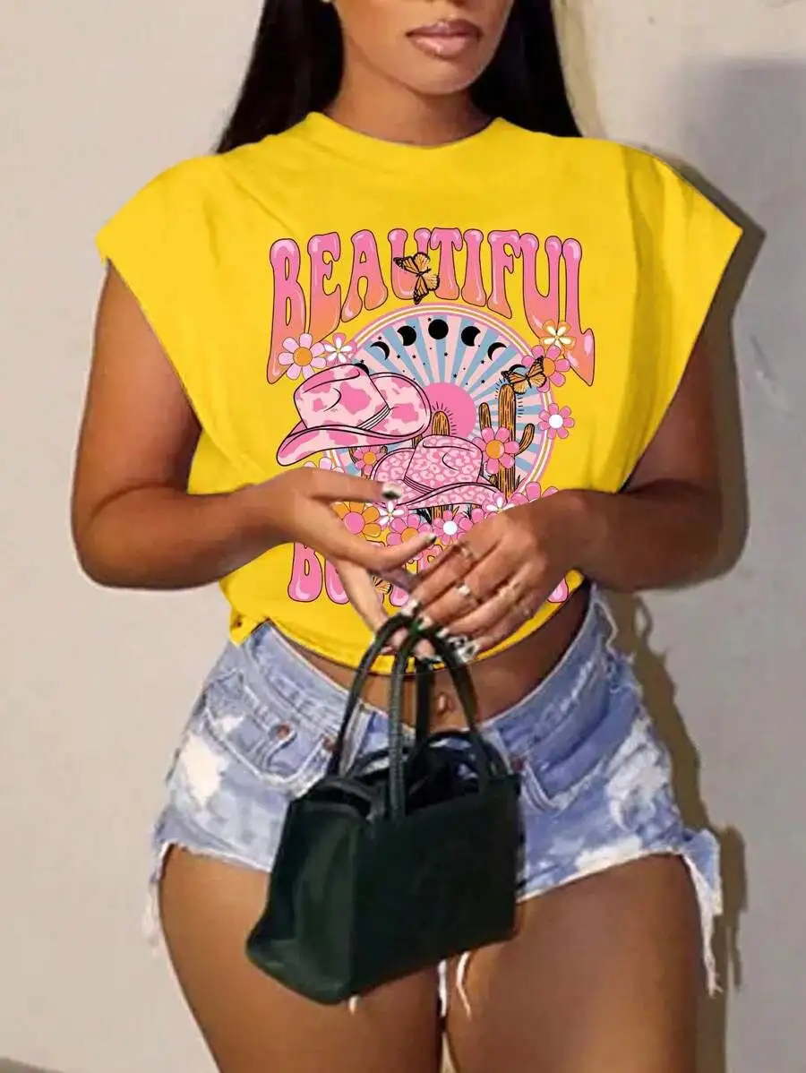 Floral Butterfly Crew Neck Short-sleeve Midriff-baring Womens Outfit