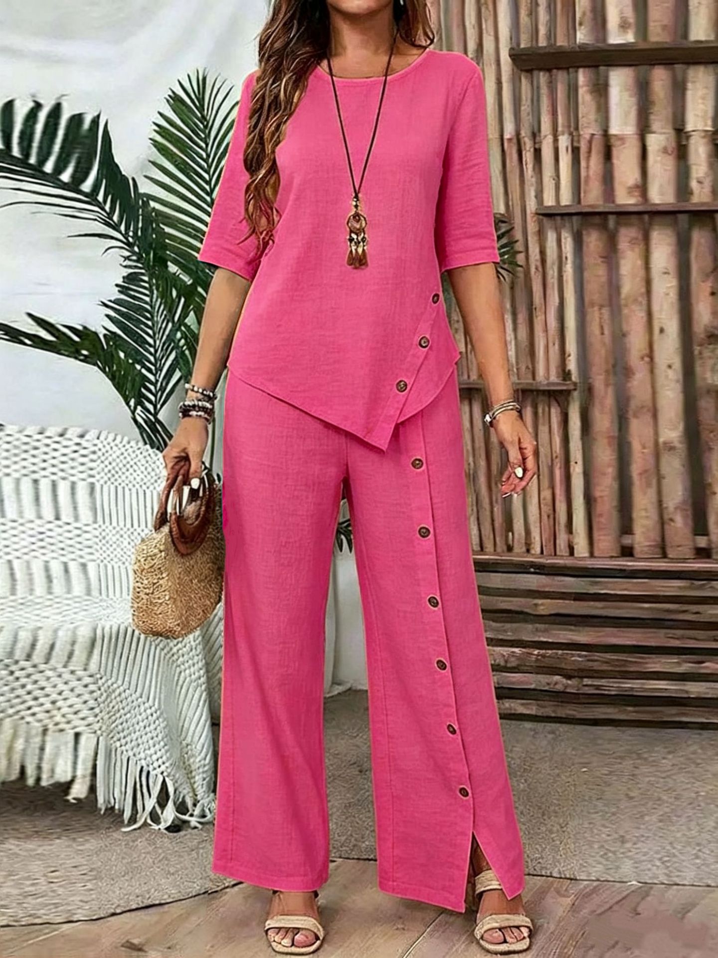 Irregular Hem Elegant Buttoned Half-sleeve Shirt And Trousers Set