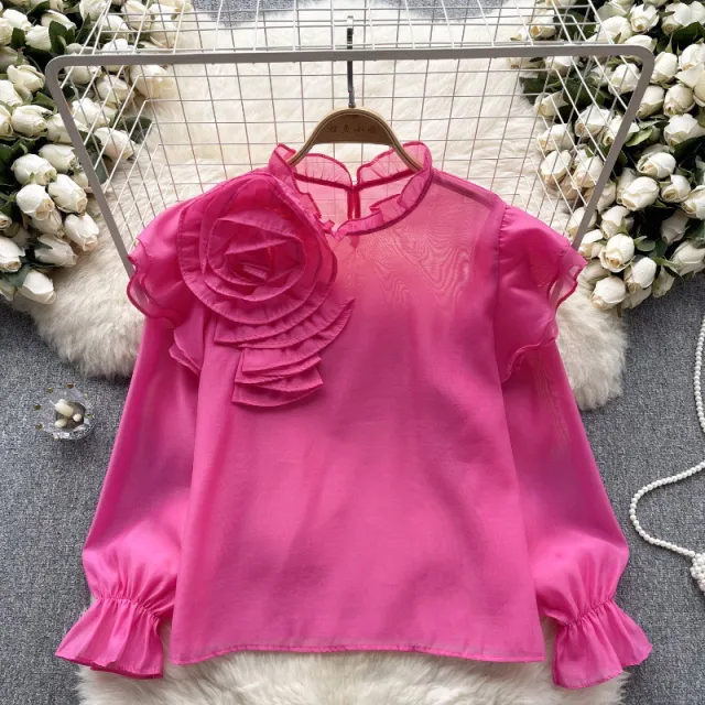 Sweet Ruffled Collar Pullover Puff Sleeve Chiffon Shirt Rose Red - Shop at LoveMi