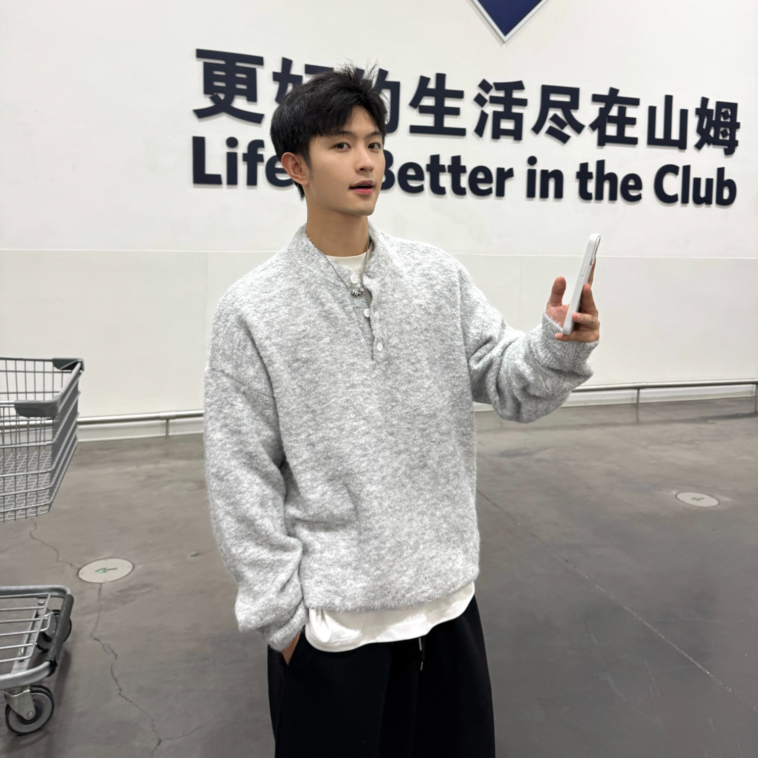 Solid-color Henley-neck Casual Knit Sweater
