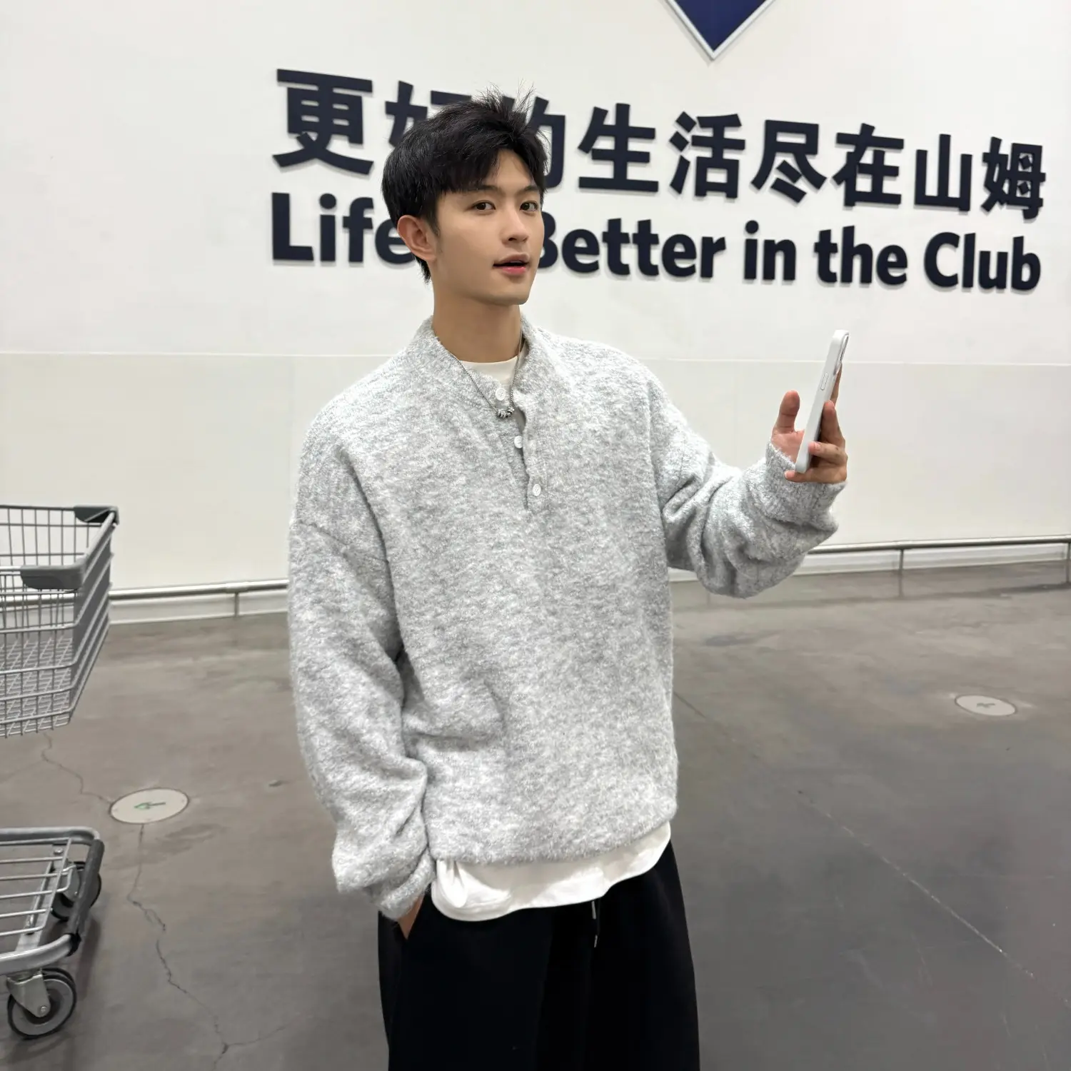 Solid-color Henley-neck Casual Knit Sweater