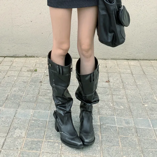 Pointed Toe Chunky Heel Slimming Pile Style Boots Black - Shop at LoveMi