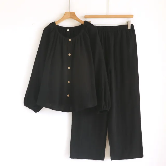 Women's Loose Long sleeve Long Pants Casual Comfortable Simple Pajama Set Black - Shop at LoveMi