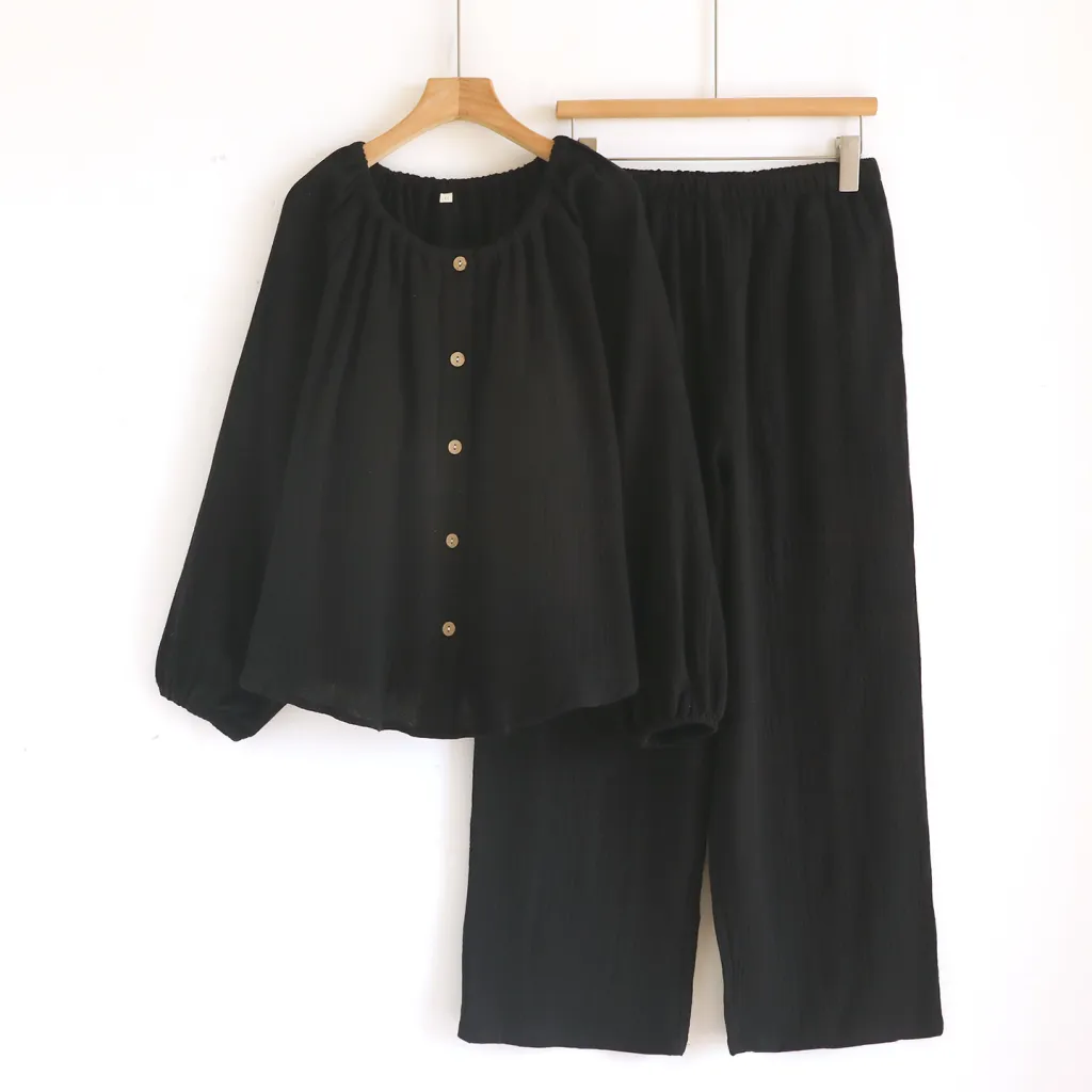 Women's Loose Long-sleeve Long Pants Casual Comfortable Simple Pyjama Set - Black
