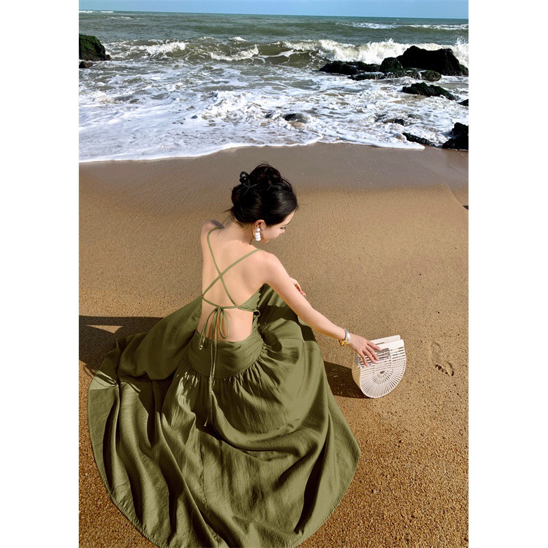 Sexy Backless Linen Asymmetric Oblique Shoulder Strap Dress