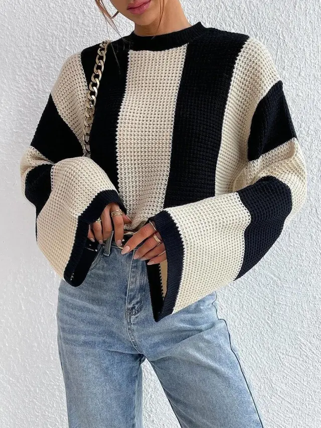 Women's Round Neck Striped Design Niche Knitted Sweater Top Apricot - Shop at LoveMi