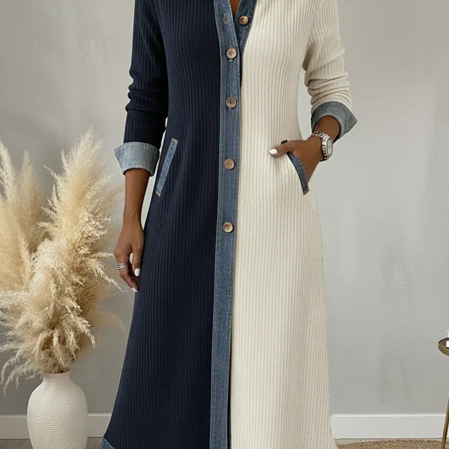 Plus-size Womens Color-block Washed Denim Cardigan Long Dress