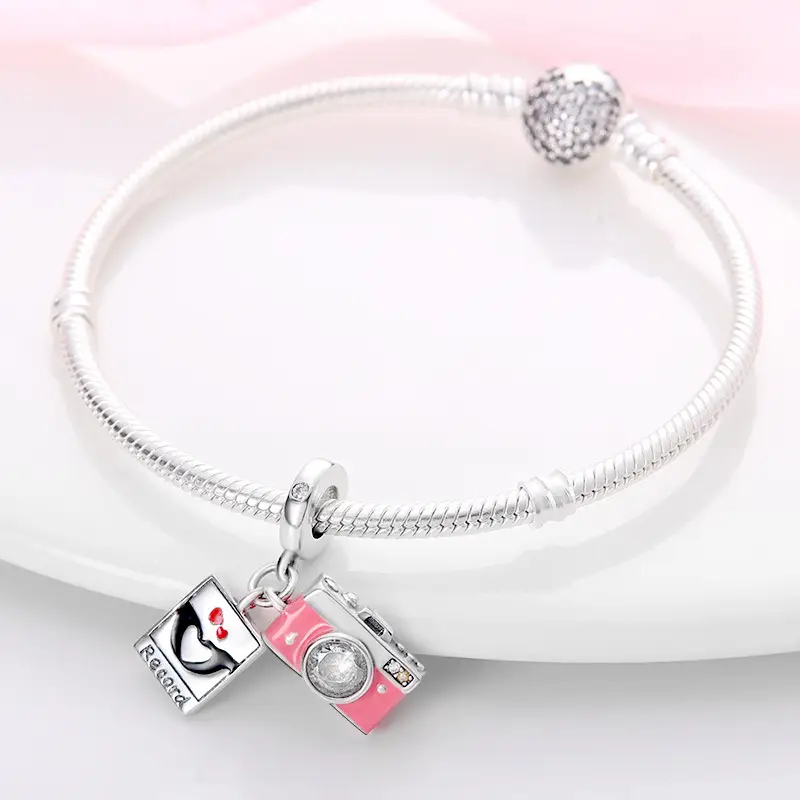 Shimmering Zircon Copper-Plated Silver Travel Camera Beaded Bracelet