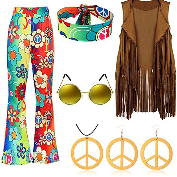 70's Hippie Party Vintage Clothing Tassel Vest Pants Headscarf Suit