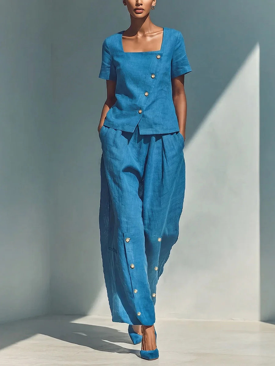 Women's Loose Short-Sleeve Top and High-Waist Pants Set in Sea Blue – Front View