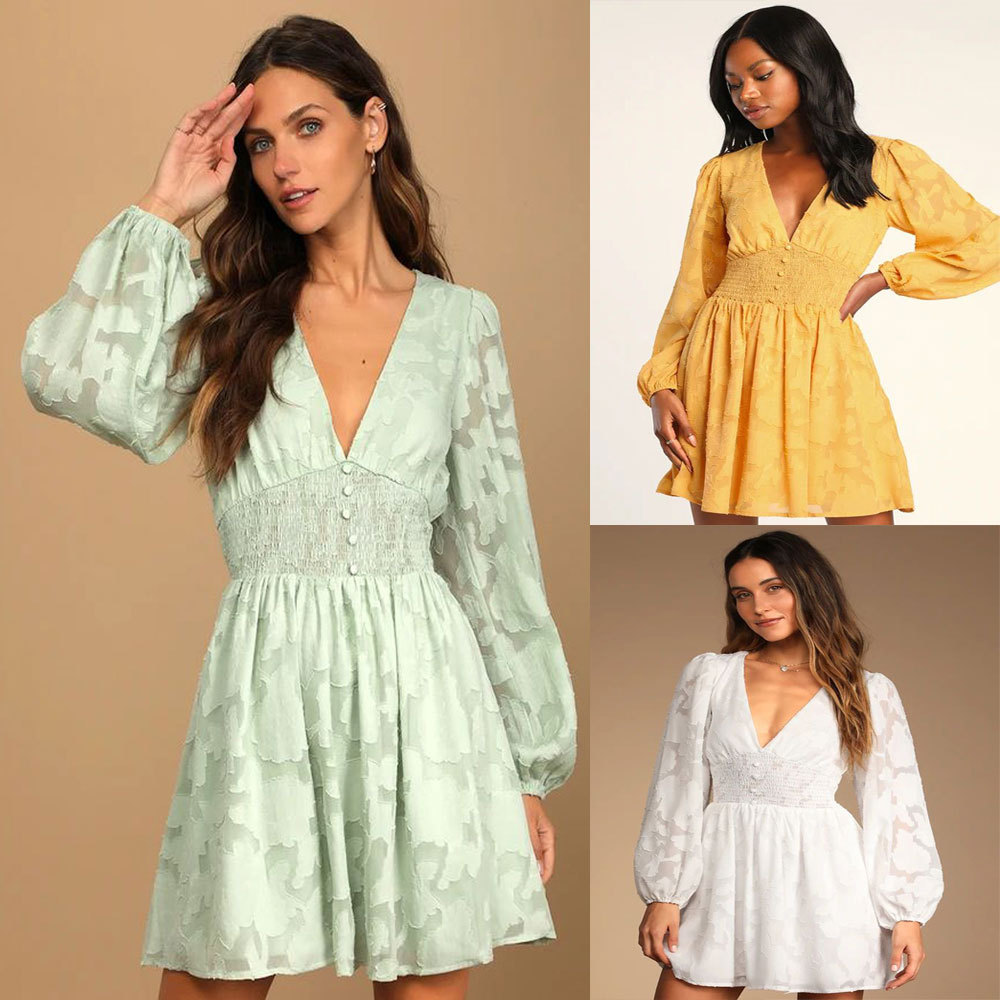 Casual V-neck Chiffon Hollow-out Jacquard A-line Dress