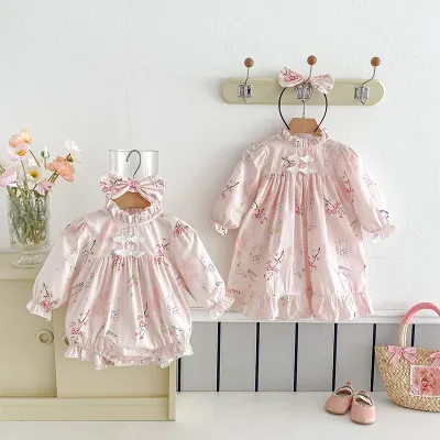 Long Sleeve Baby Girl Triangle Rompers Retro Tang Style Dress