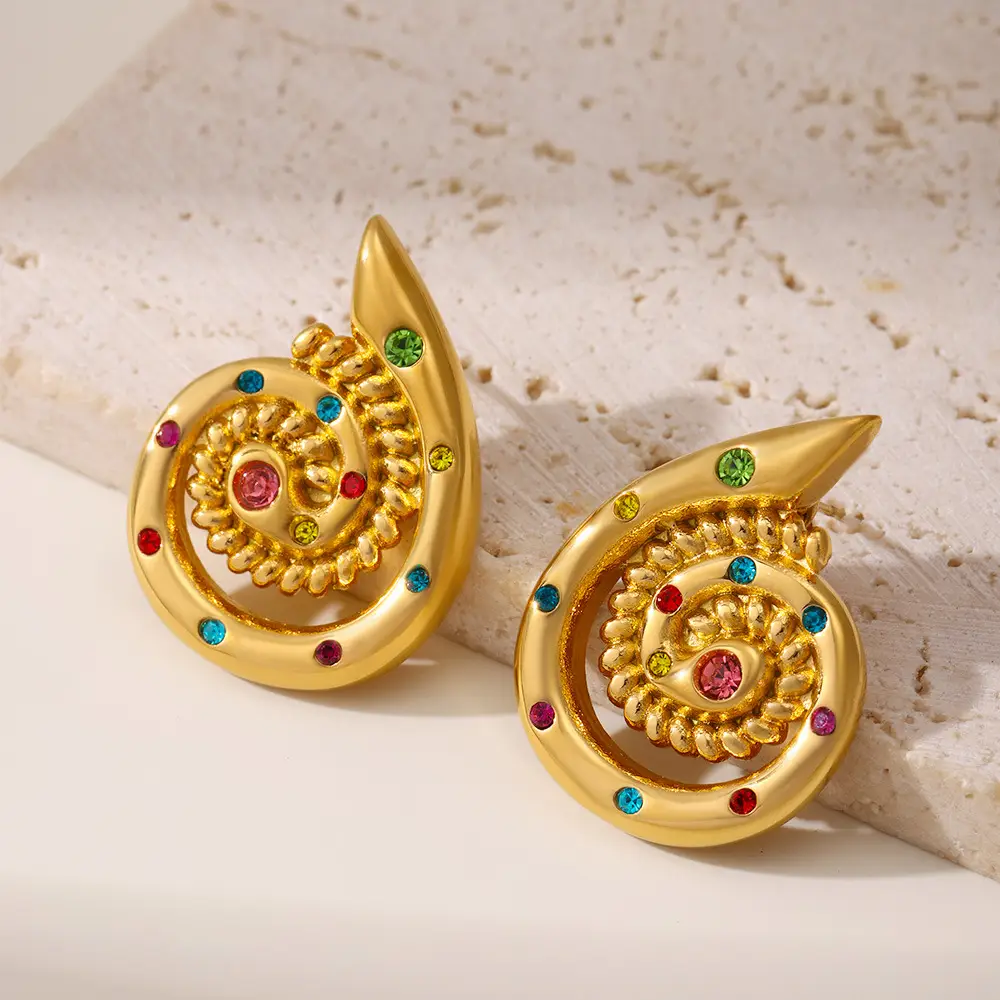 Spiral Stud Earrings with Rhinestones in Stainless Steel