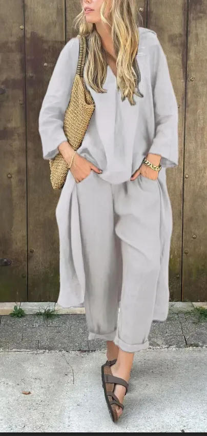 Long sleeved Suits Loose V neck Long Top And High Waist Wide Leg Pants With Pockets Women's Clothing Gray - Shop at LoveMi