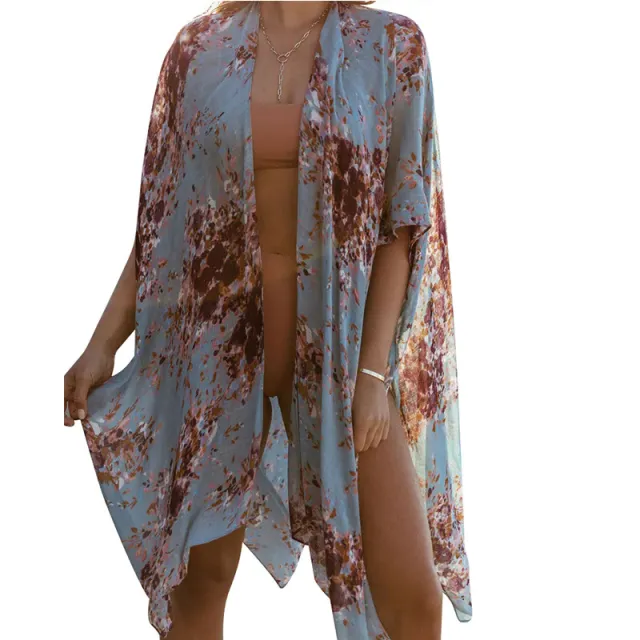 Summer Mid length Slit Print Loose Beach Cover Sun Protection Shirt Blue Flower - Shop at LoveMi