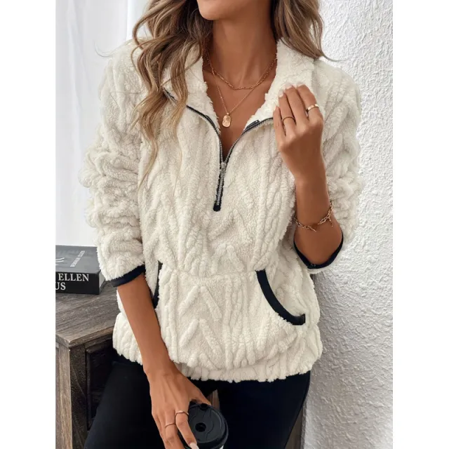 Contrast Color Half open Collar Plush Women's Sweater White - Shop at LoveMi