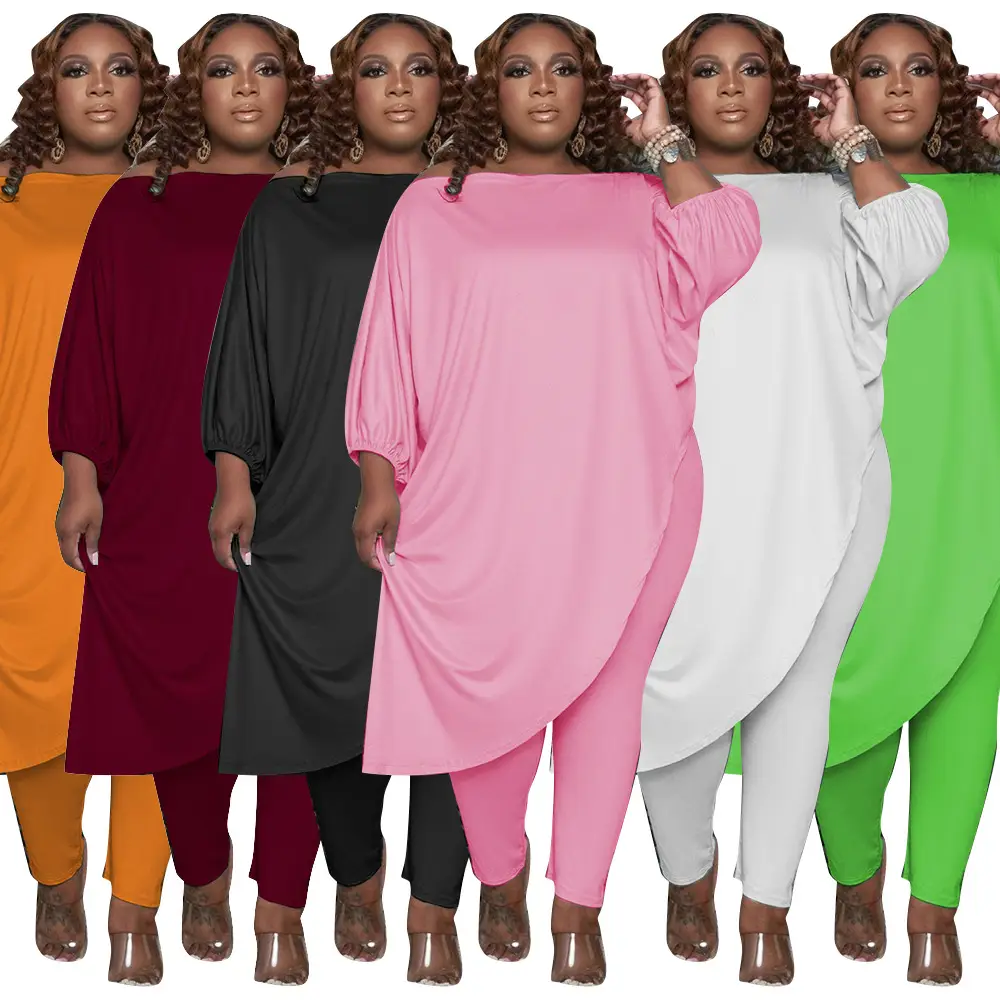 Large Size European And American Women's Clothing Cross-border Hot Selling Spot Loose Solid Color Shoulder Two-piece Set Spring And Autumn