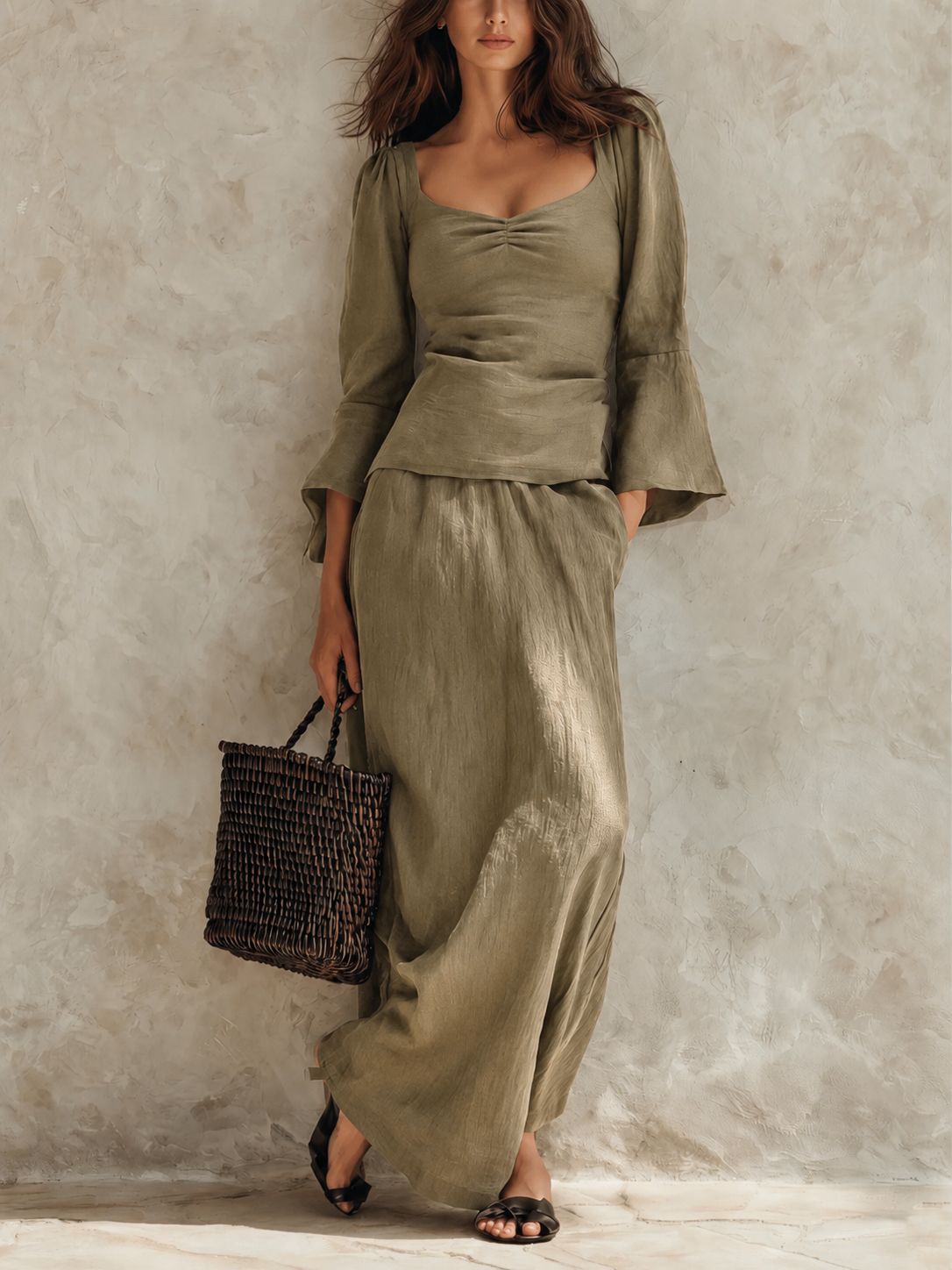 Womens Square-neck Loose-fit Long-sleeve Top And High-waisted Skirt Two-piece Set 5
